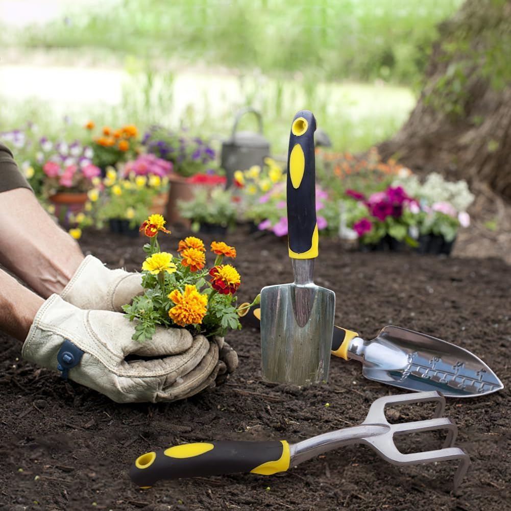 Showvigor garden tool in bright yellow, high visibility in the yard.