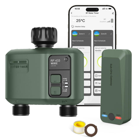 Shrieve WiFi Water Timer 2-Zone outdoor installation showing weatherproof housing for reliable irrigation