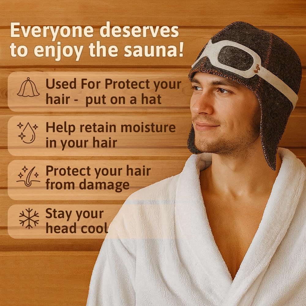SHSH Pilot sauna hat on-model illustrates a one-size-fits-all design for men and women