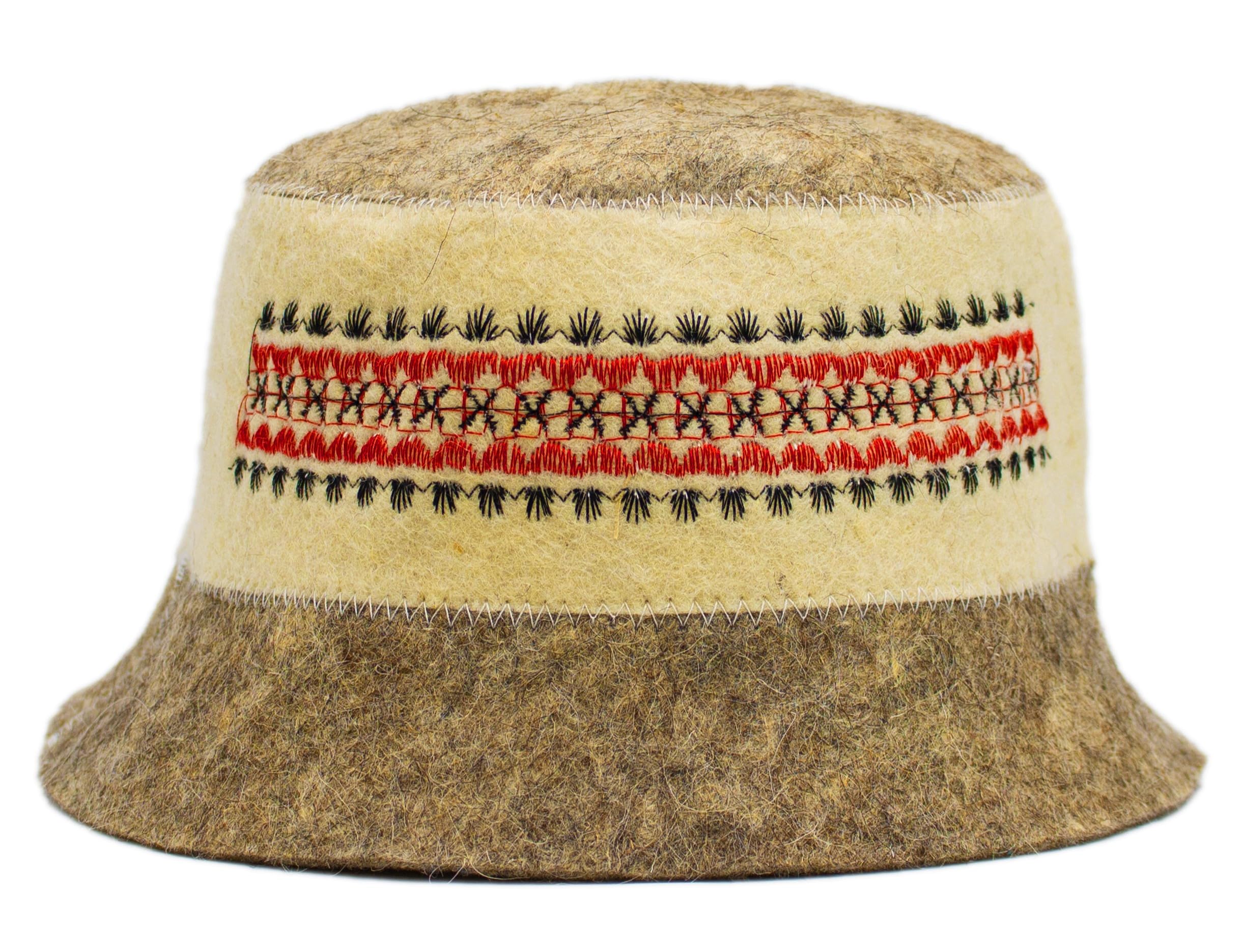 SHSH trade group Ukrainian wool sauna hat front view with Vyshyvanka embroidery for stylish sauna wear.