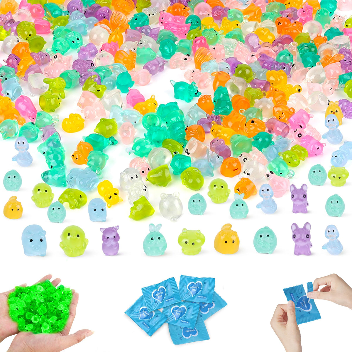 ShtNeeg glow-in-the-dark mini resin animals lighting up a desk setup and fairy garden.