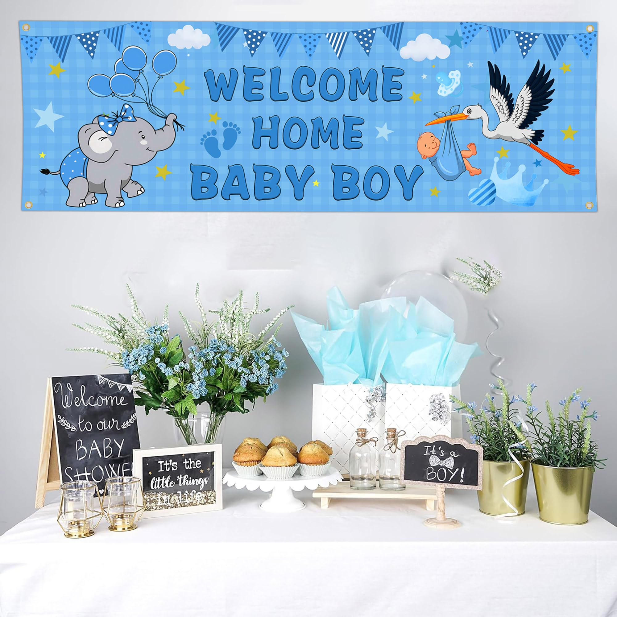Shuitouk outdoor baby boy flag with stork design for yard decor