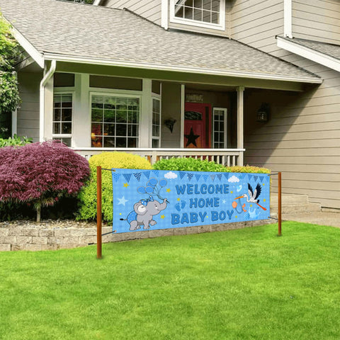 Shuitouk yard banner announces It's a Boy with vibrant color