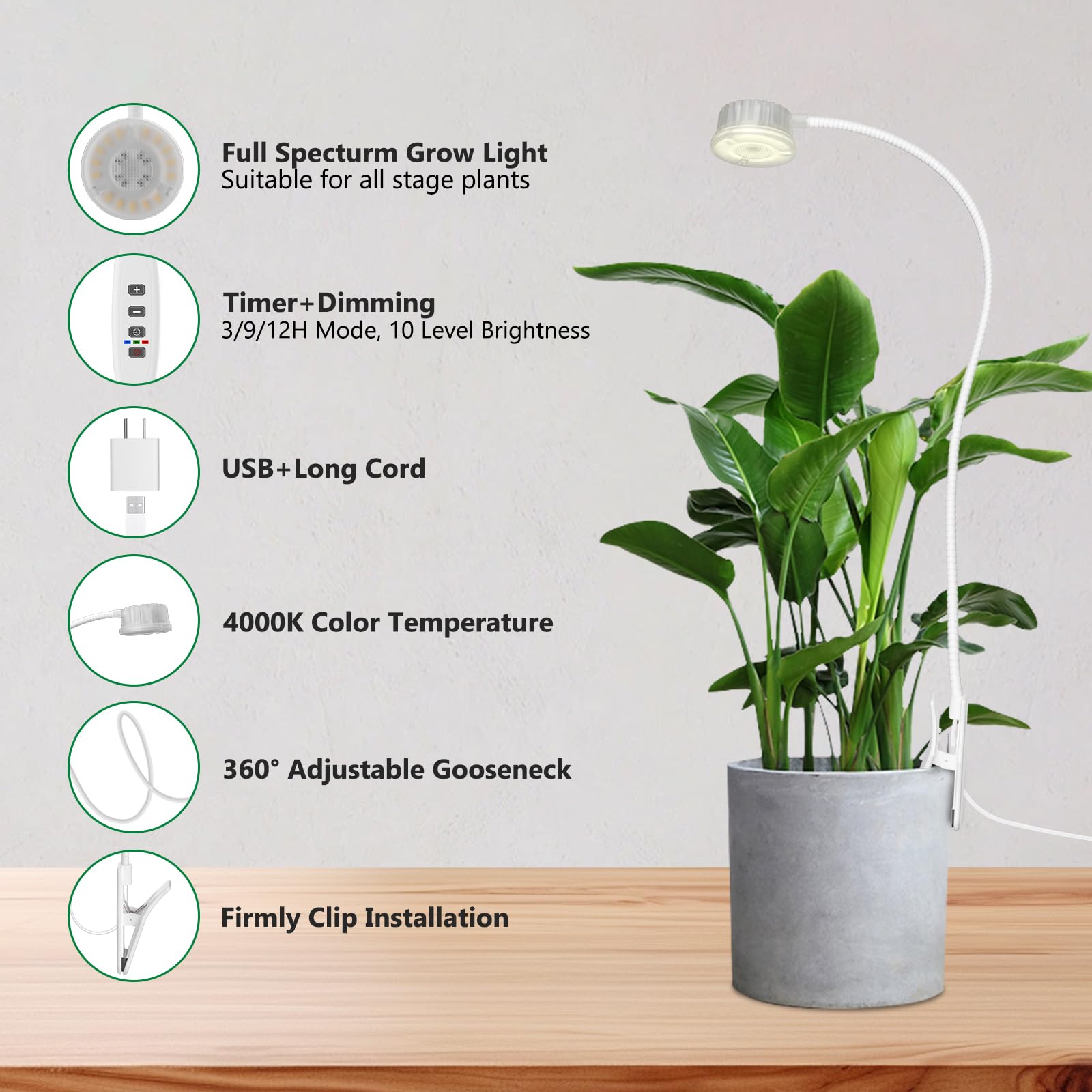 Shyineyou clip-on grow light with gooseneck adjustable for precise placement