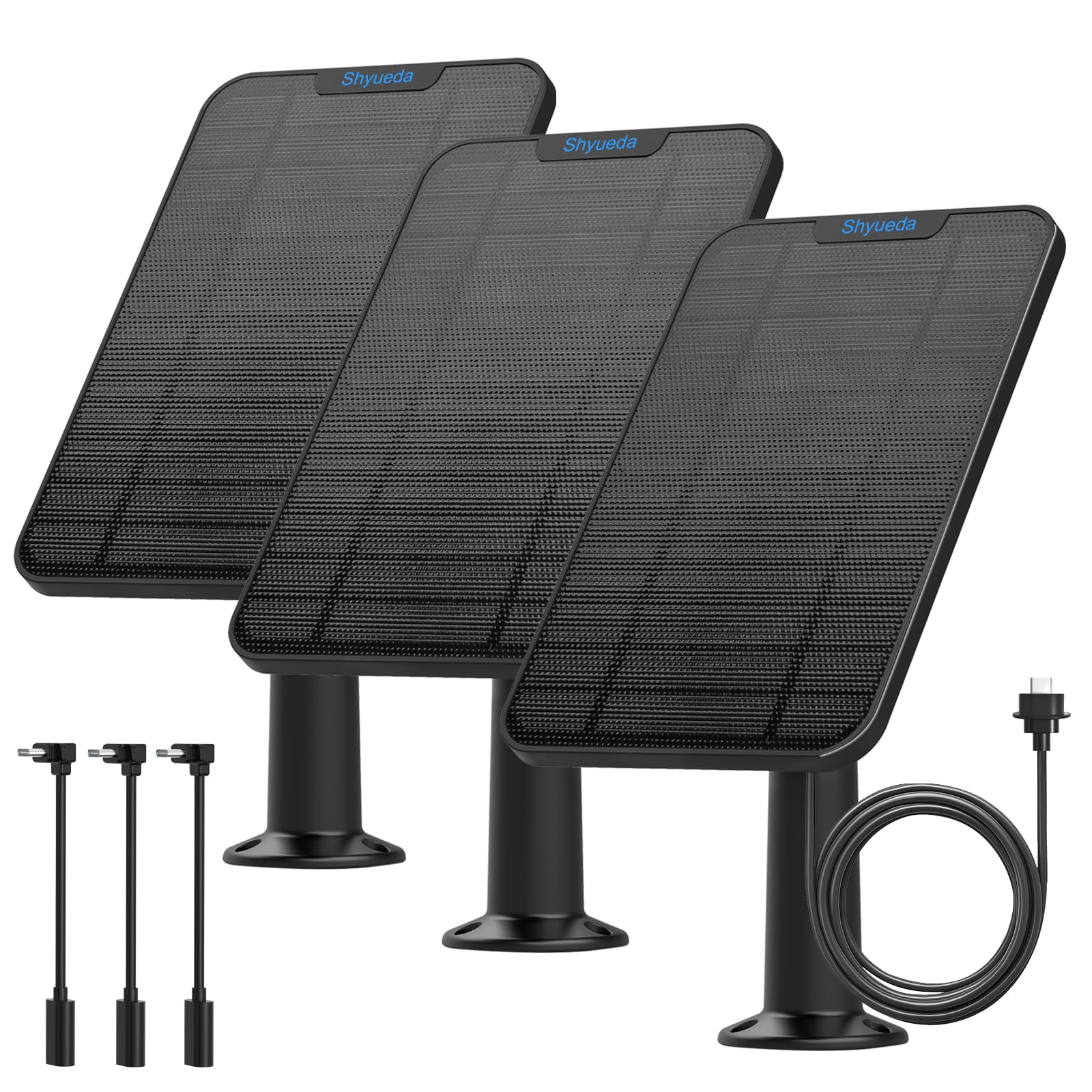 Shyueda 4W solar panel 3-pack powering Blink cameras with sun-powered charging.
