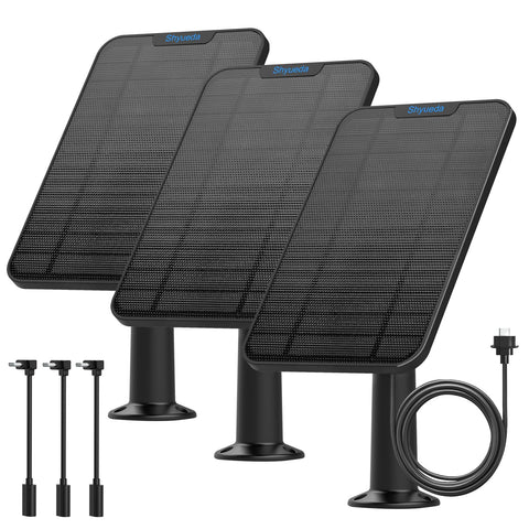 Shyueda 4W solar panel 3-pack powering Blink cameras with sun-powered charging.