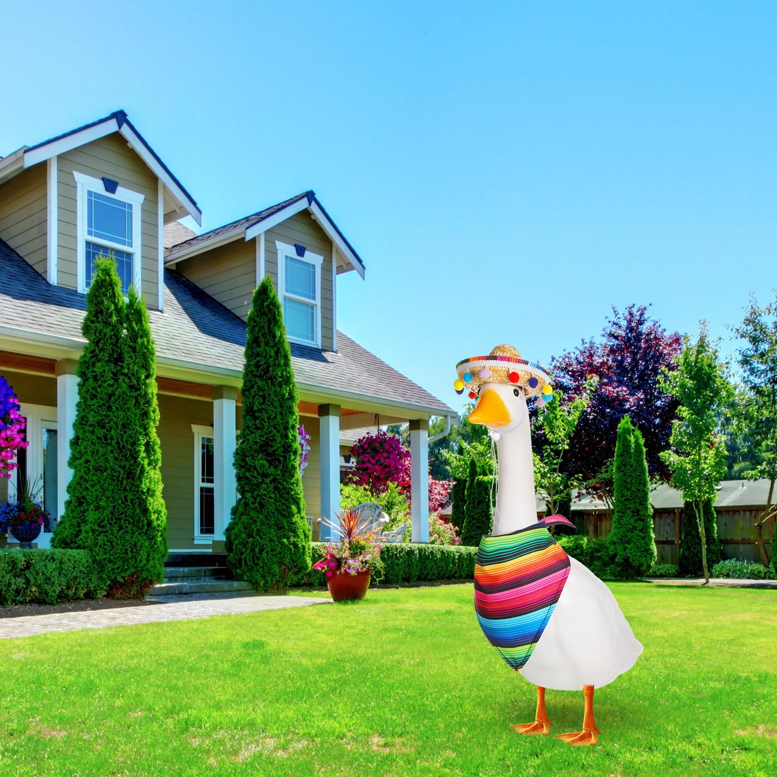 Shyyween lawn geese costume in sturdy fabric withstands year-round outdoor use.