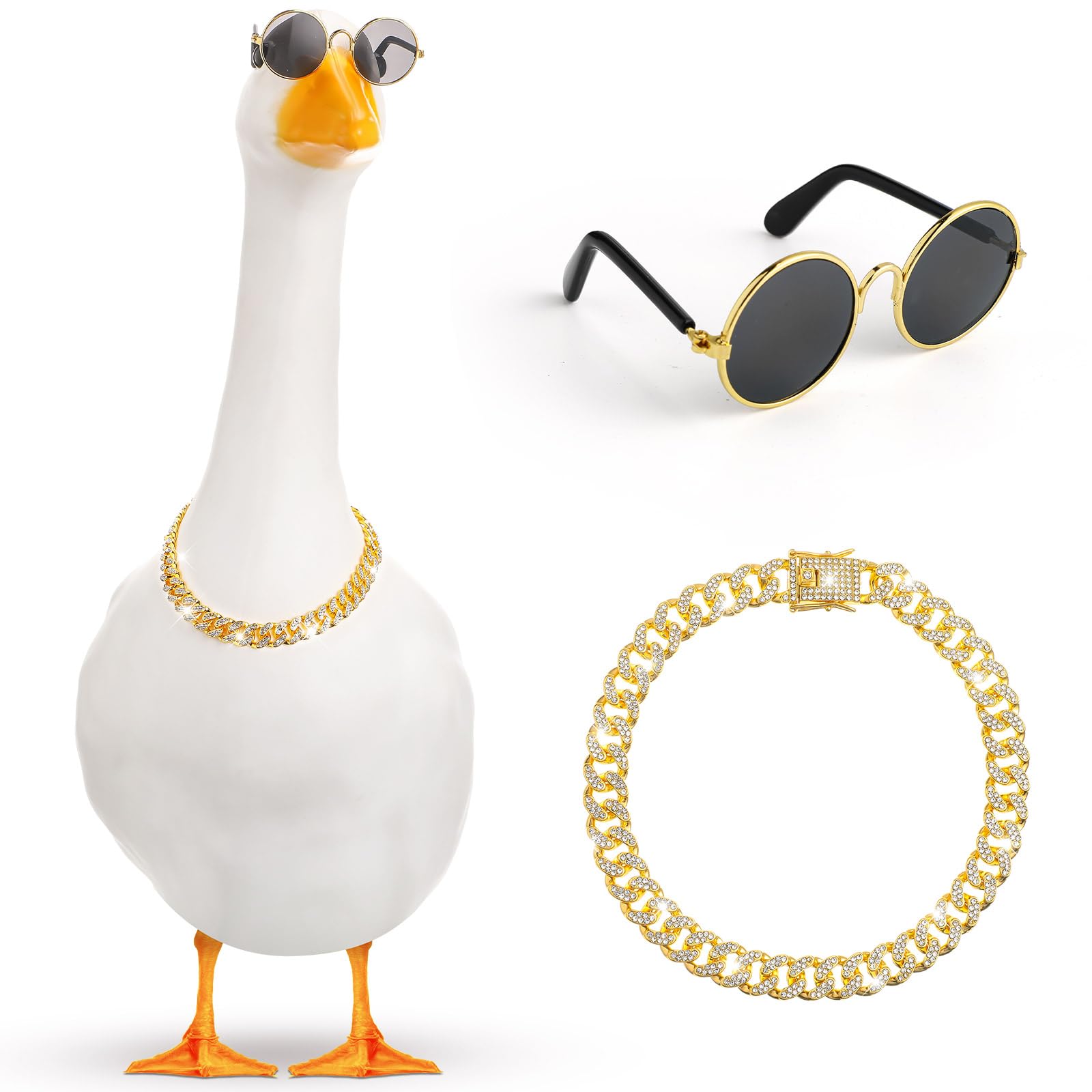 Shyyween gold chain collar on a lawn goose adds festive charm.
