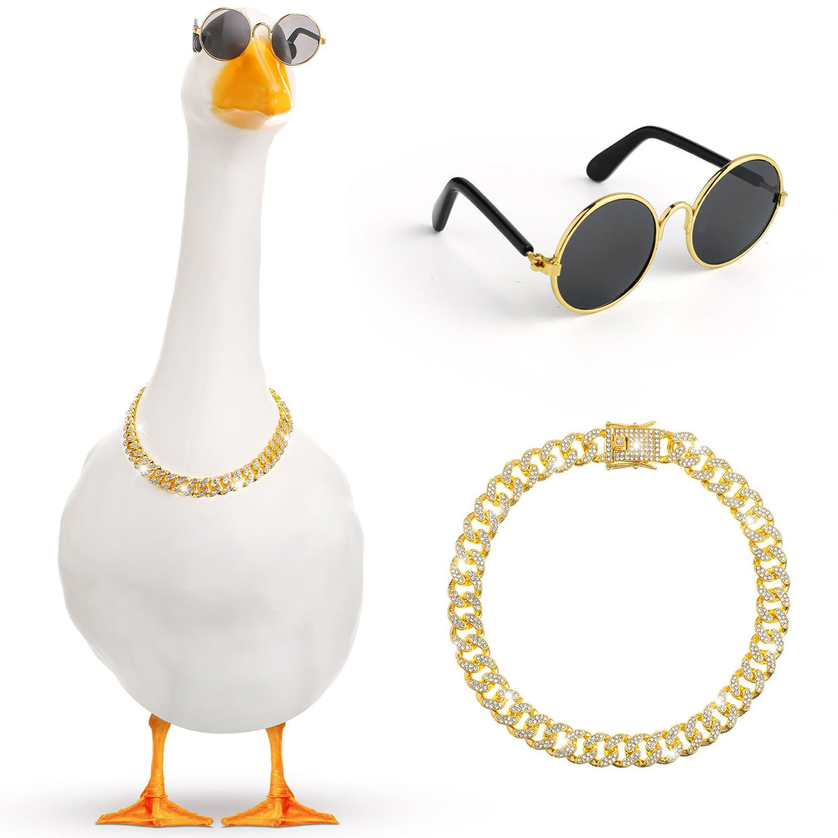 Shyyween gold chain collar on a lawn goose adds festive charm.