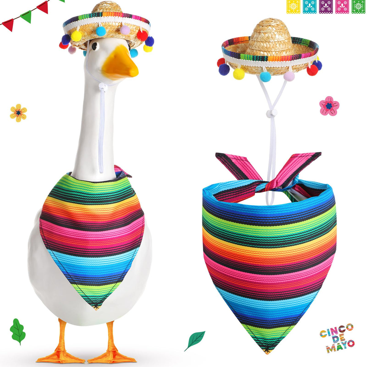 Shyyween Mexican Porch Goose Outfit with sombrero enhances curb appeal for festive gardens.