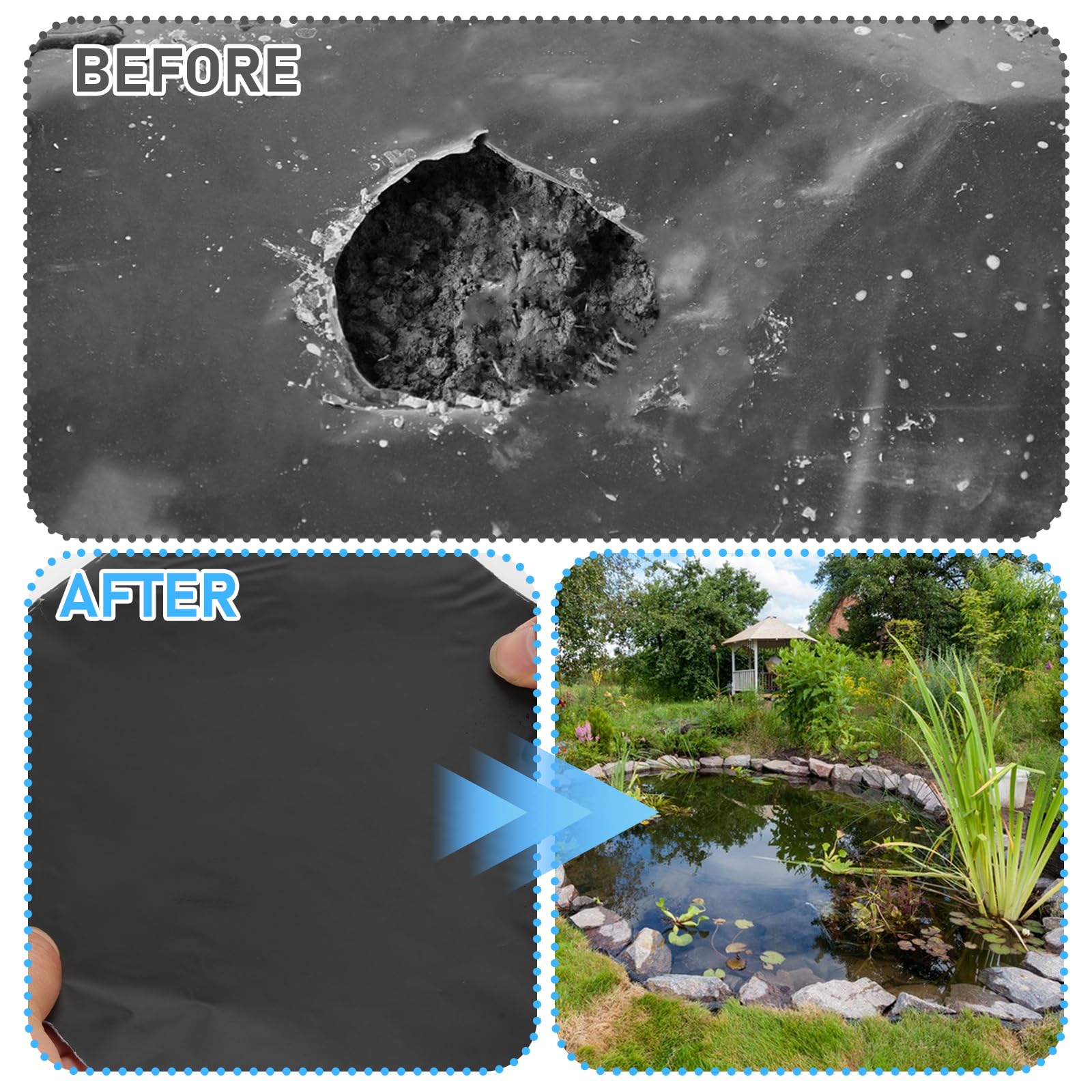 Sibosen 8x8 inch patch cut-to-fit for versatile pond repairs.
