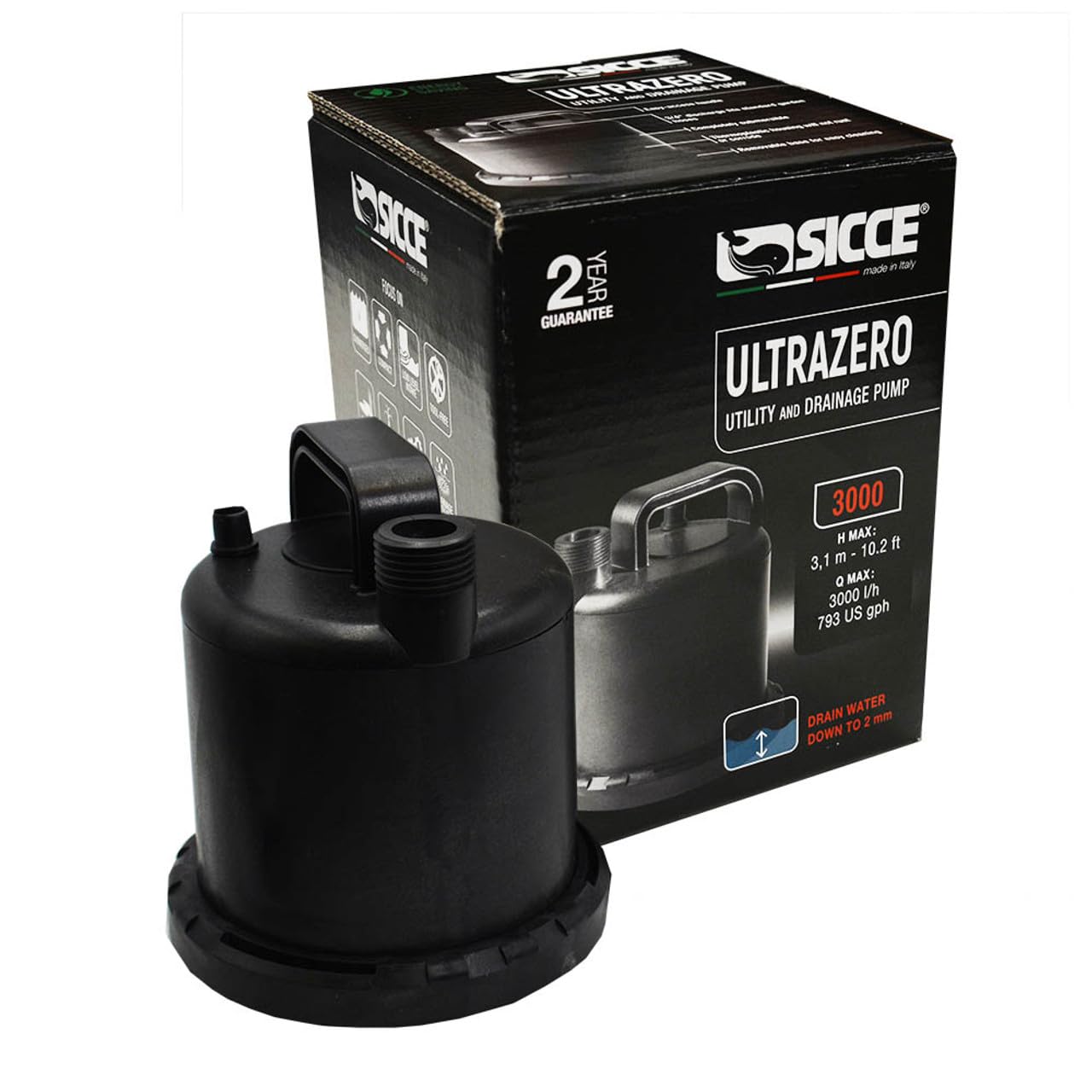 Sicce Ultra Zero 793 GPH pump with garden hose connection for easy water changes.