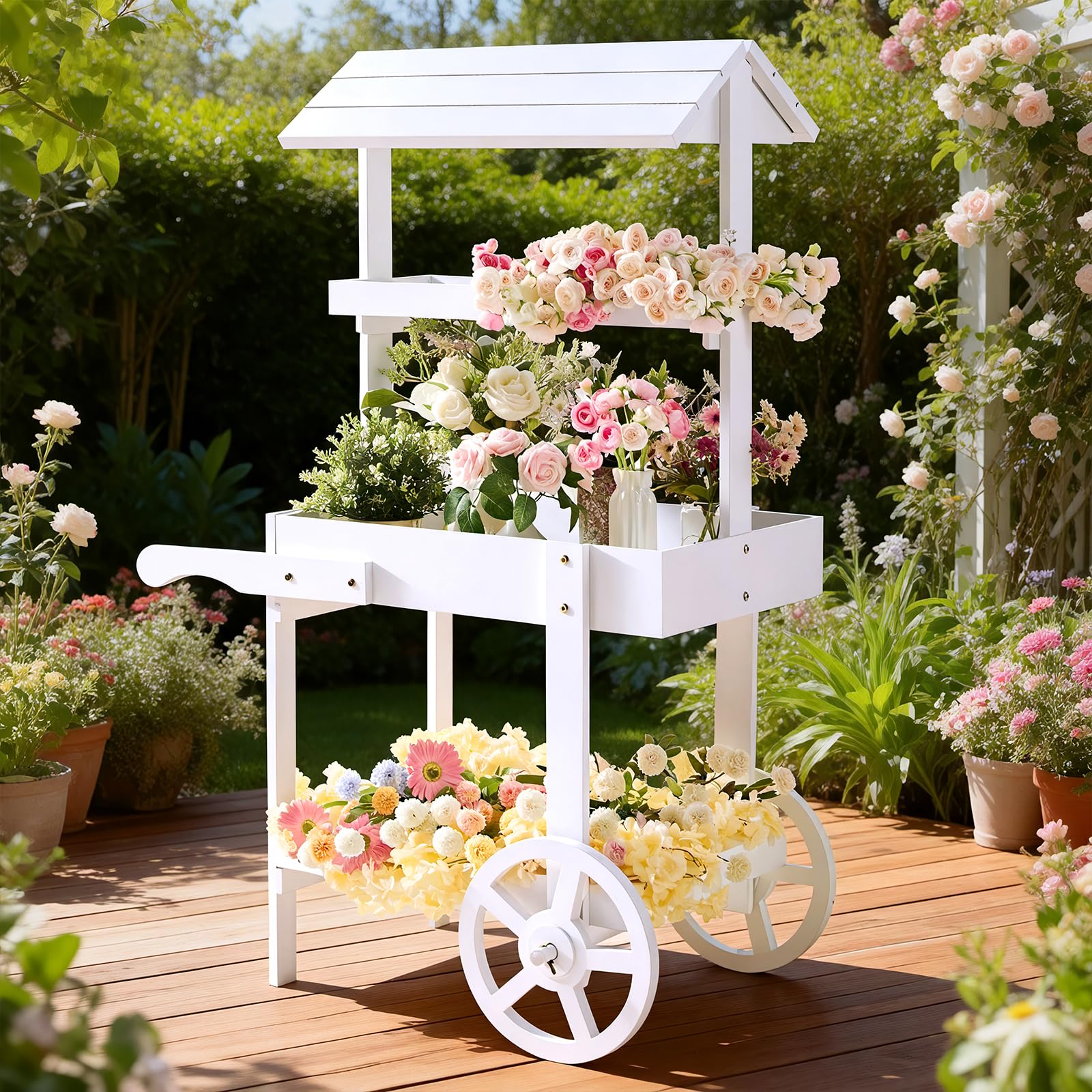 Sicrifety flower cart with wheels enables flexible display at weddings.