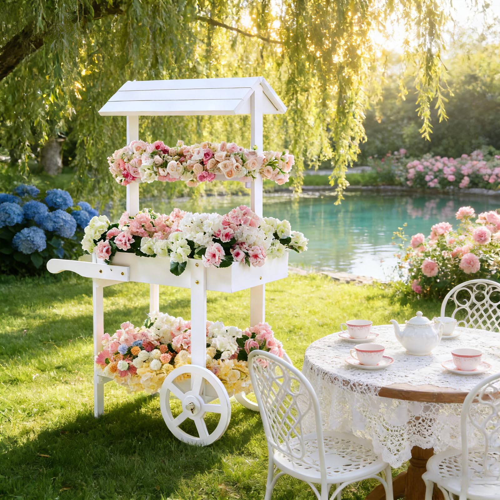 Sicrifety rolling event cart moves easily between indoor and outdoor spaces.