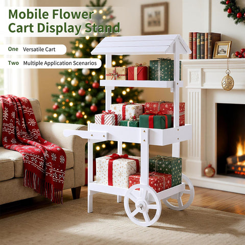 Sicrifety three-tier cart with canopy elevates floral and dessert displays.