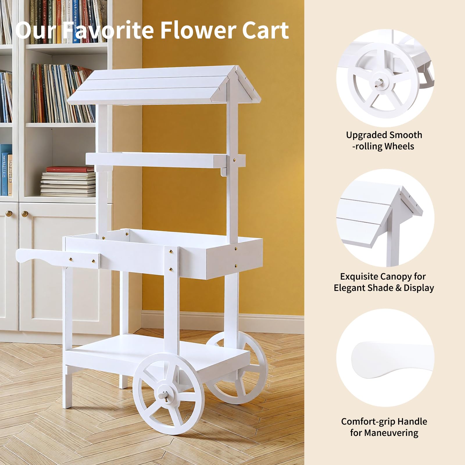 Sicrifety sturdy wooden cart with a white finish supports decor and snacks.