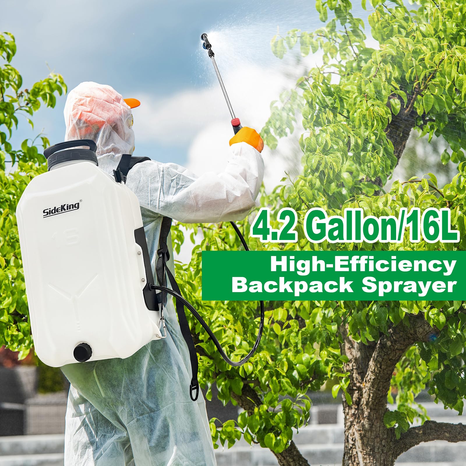 SideKing sprayer featuring a 12V lithium battery for long spraying sessions