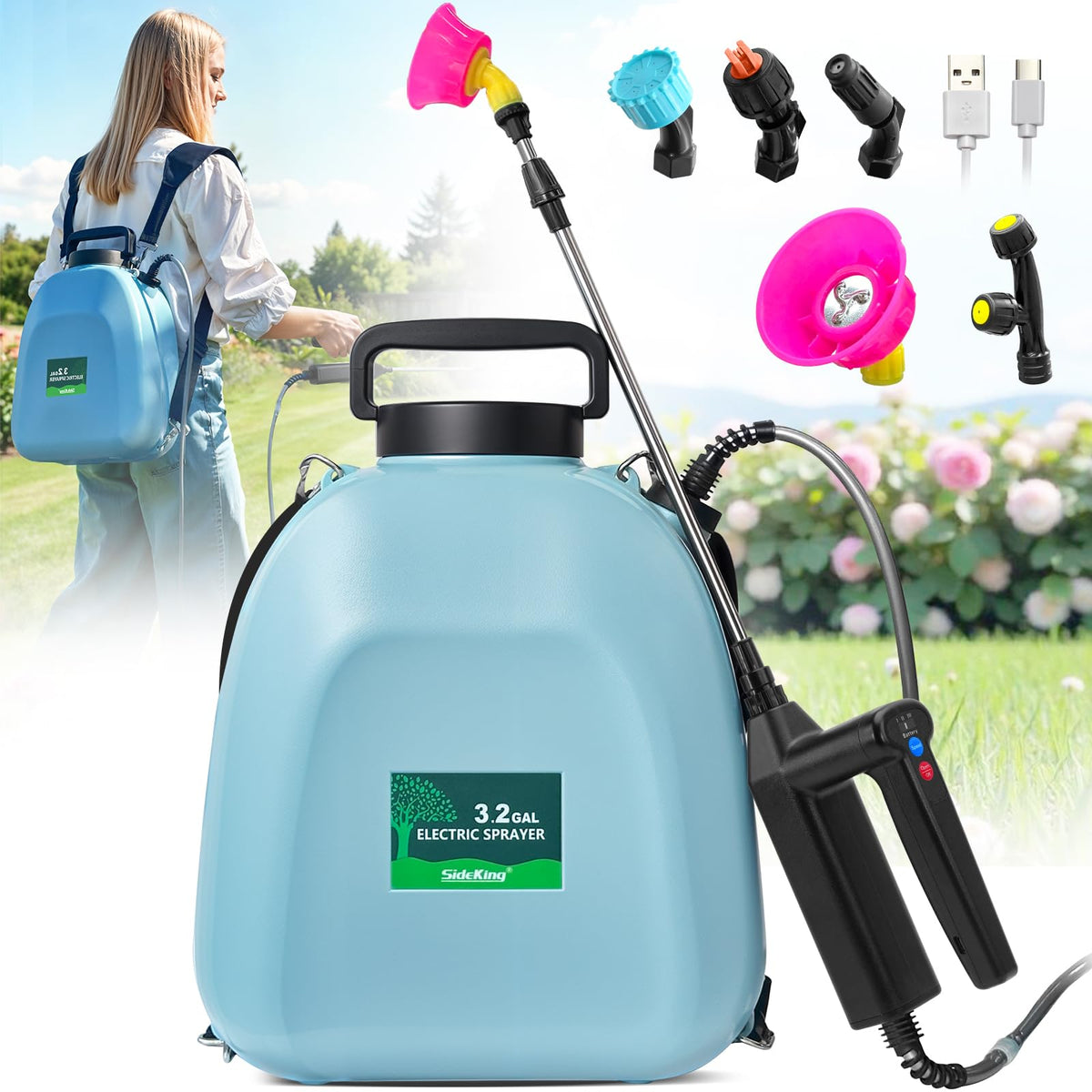 SideKing backpack sprayer with ergonomic shoulder straps for comfortable all-day use.