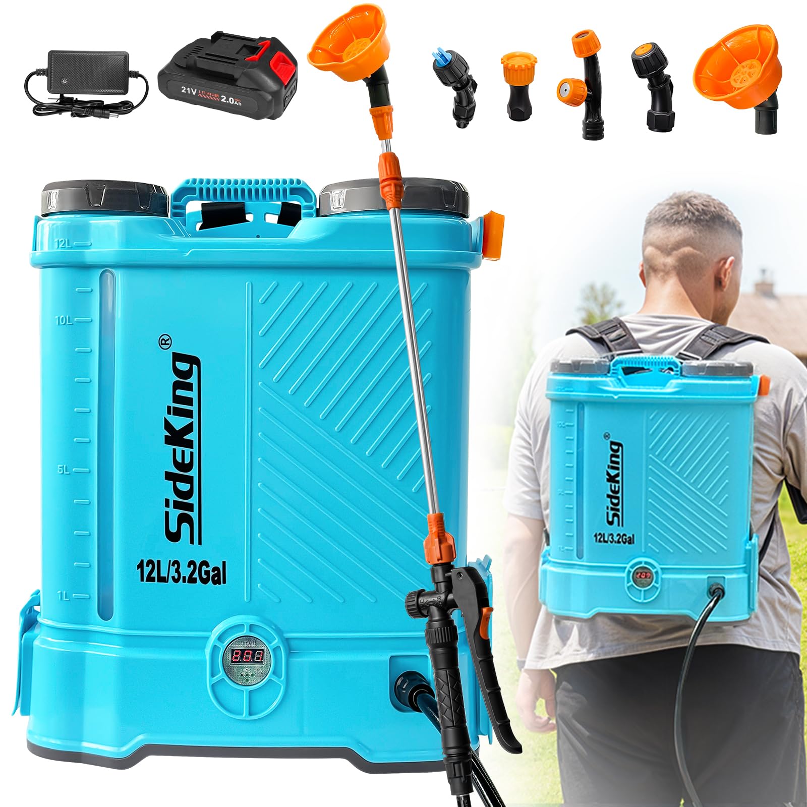 SideKing battery-powered backpack sprayer with 3.2-gallon tank for extended spraying sessions.