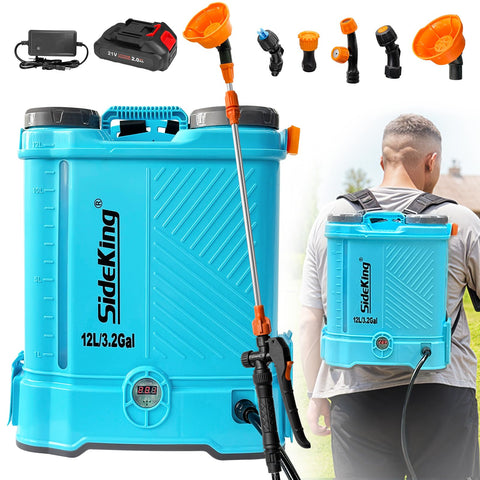 SideKing battery-powered backpack sprayer with 3.2-gallon tank for extended spraying sessions.