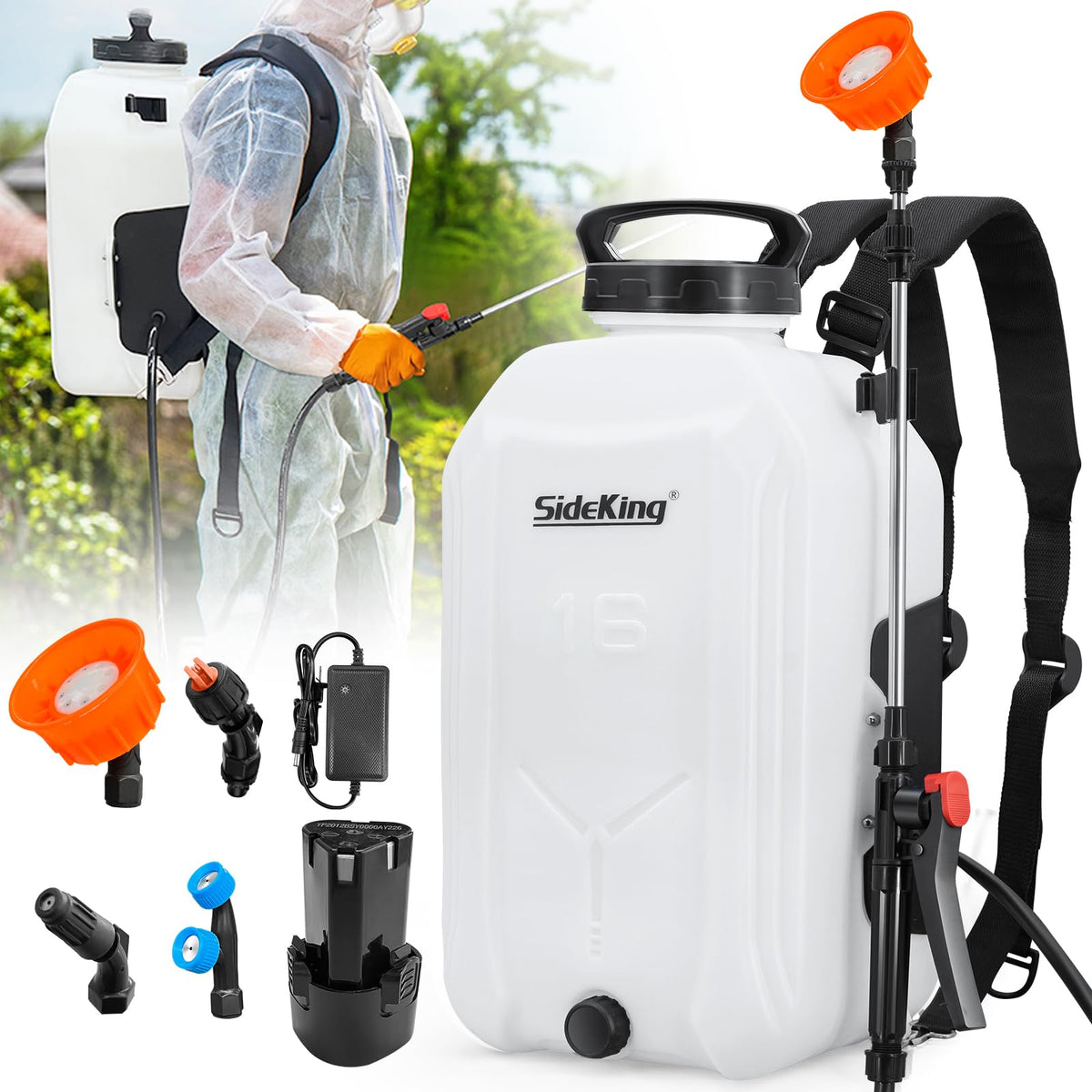 SideKing battery-powered backpack sprayer with four-gallon tank for efficient garden coverage