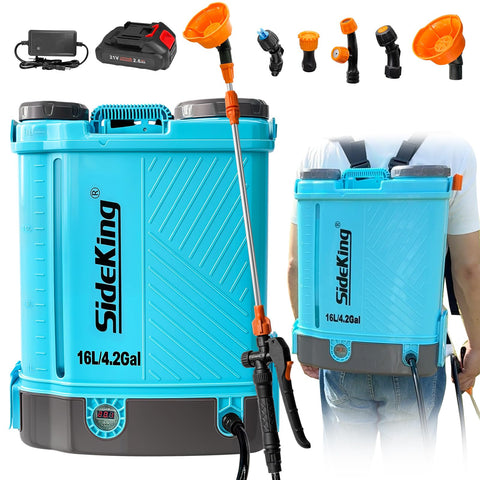 SideKing battery powered backpack sprayer, 4 gallon, for efficient garden spraying.