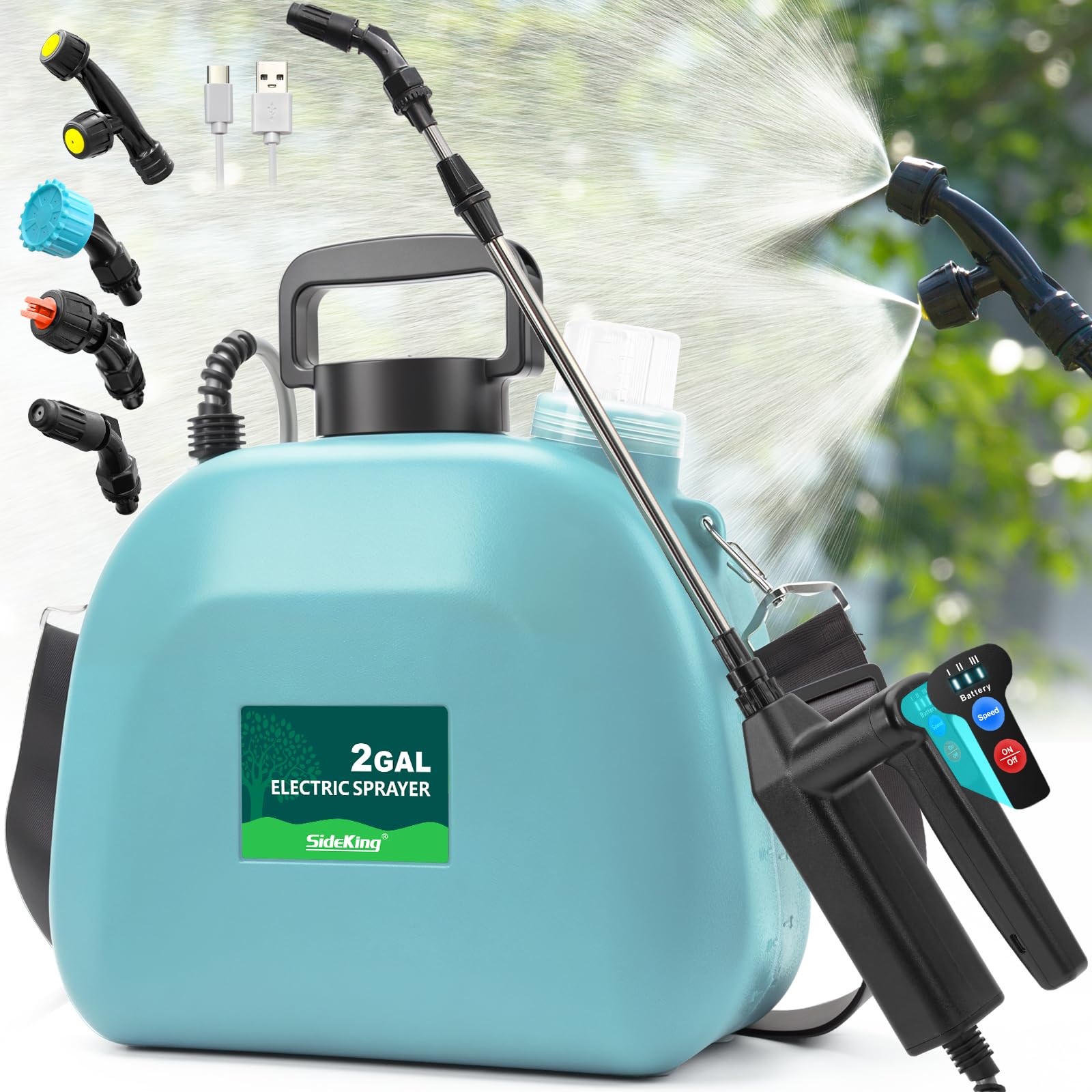 SideKing battery powered sprayer with two gallon capacity for yard use and weed control.