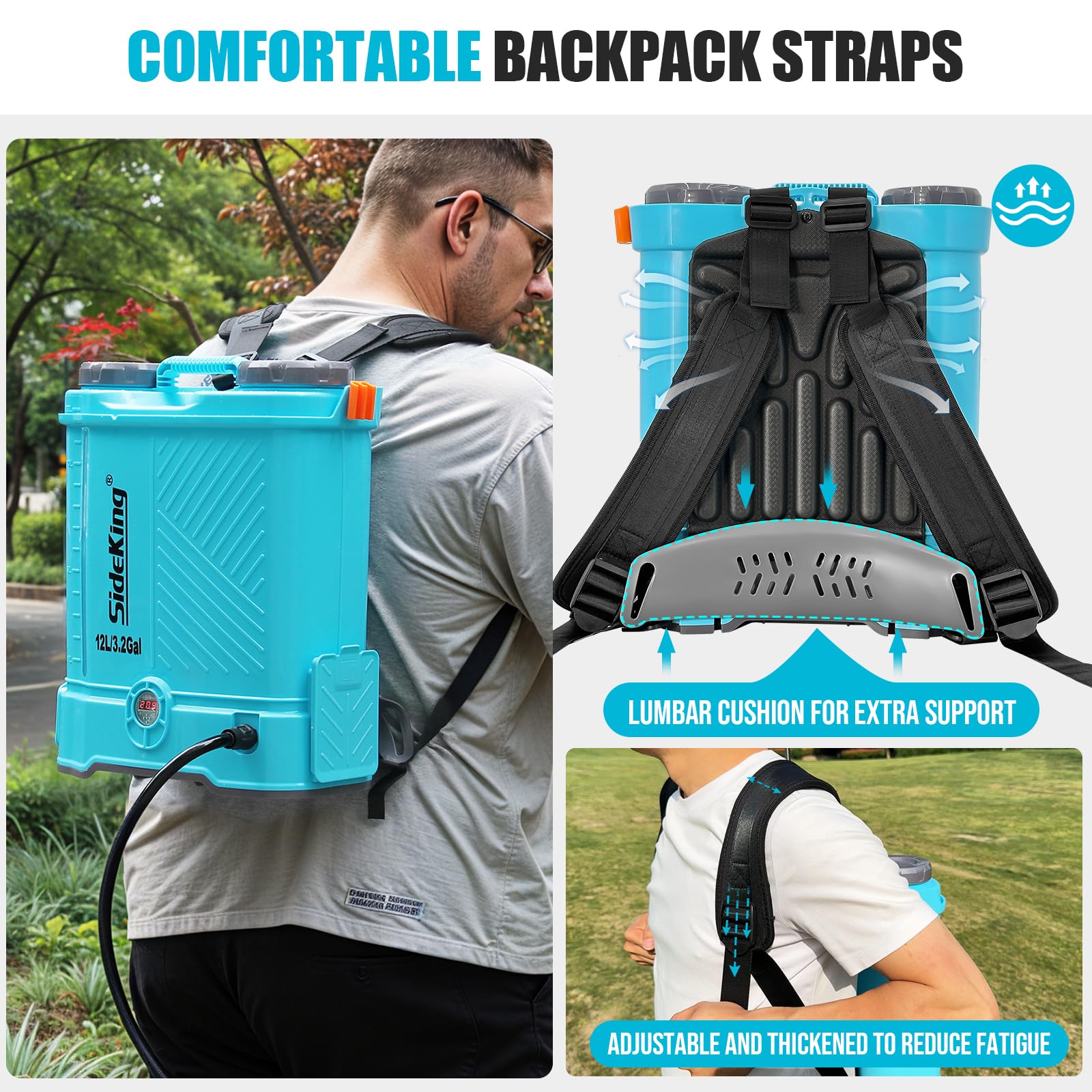 Ergonomic padded shoulder straps reduce fatigue during long spraying tasks.