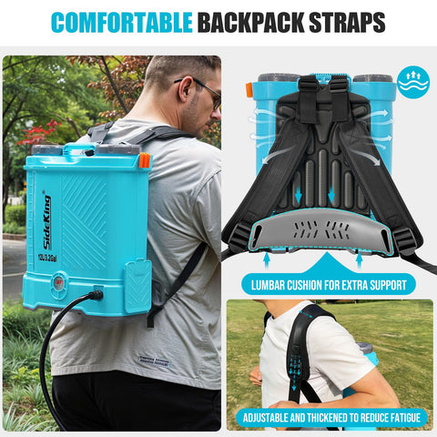 Ergonomic padded shoulder straps reduce fatigue during long spraying tasks.