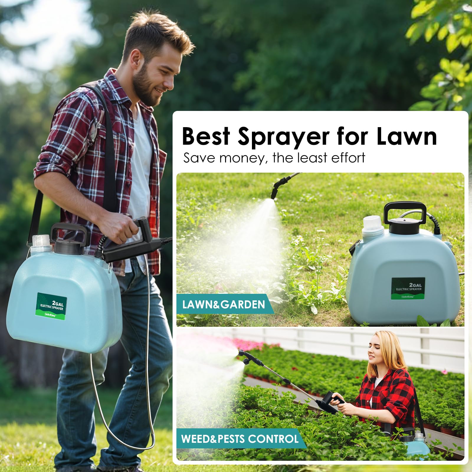 Shoulder strap provides portable carrying across lawns and gardens.
