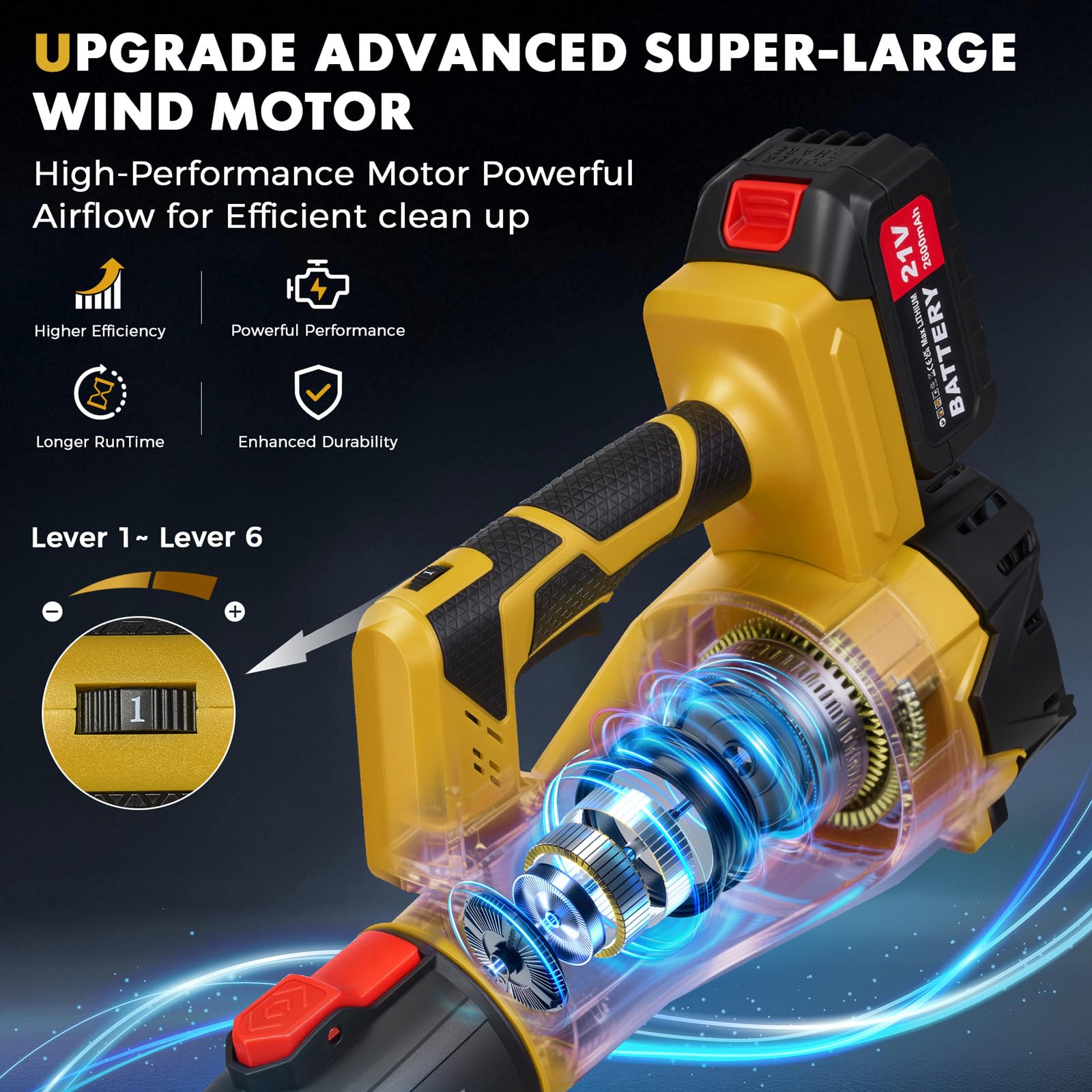 SIEARPUORL 21V 2.6Ah battery for quick starts and long cleanup sessions
