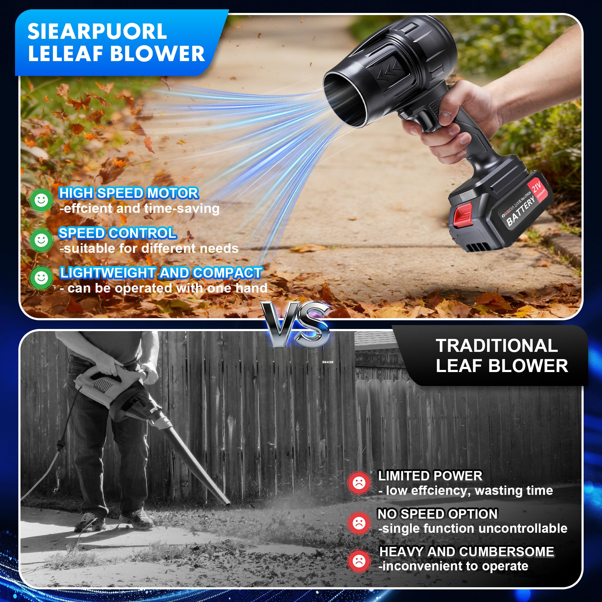 SIEARPUORL blower in use on patio removing leaves and dust.