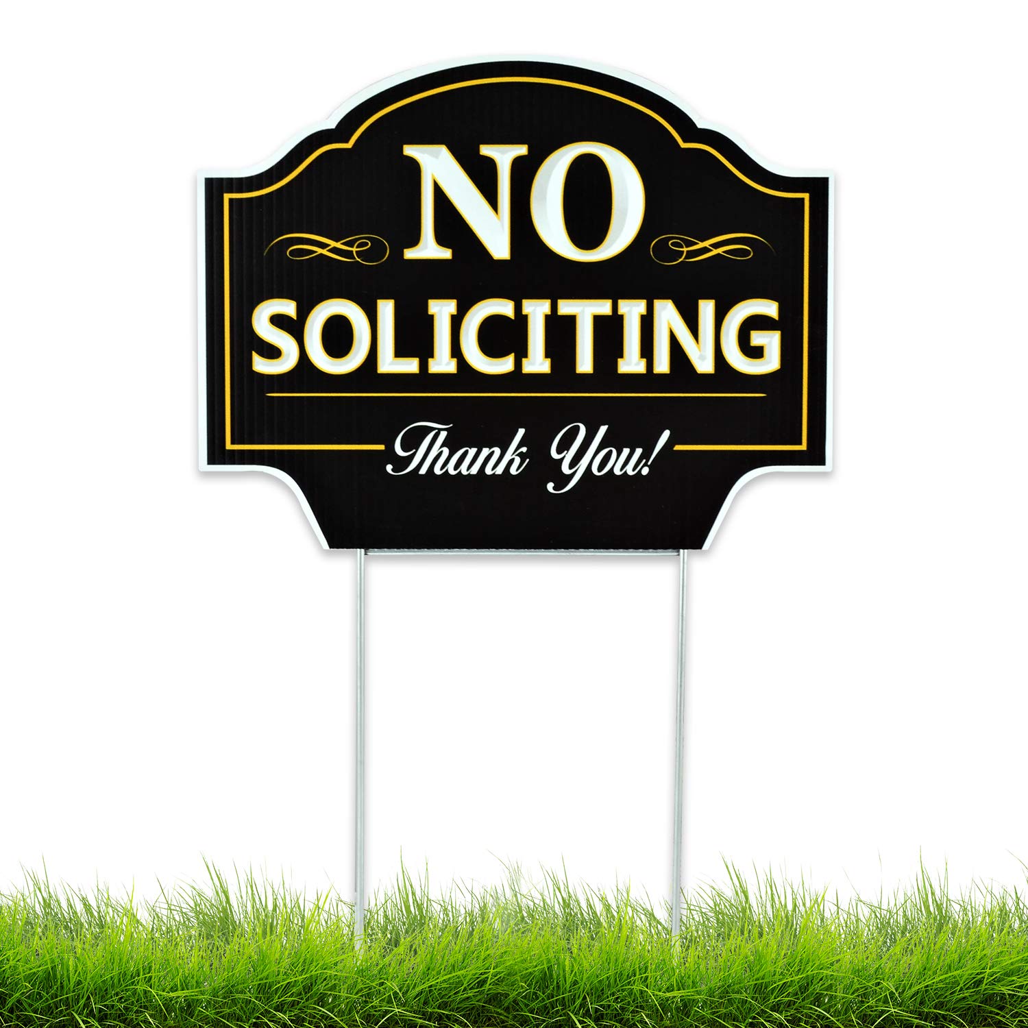 Signs Authority no soliciting sign mounted on metal H-stake for ground display