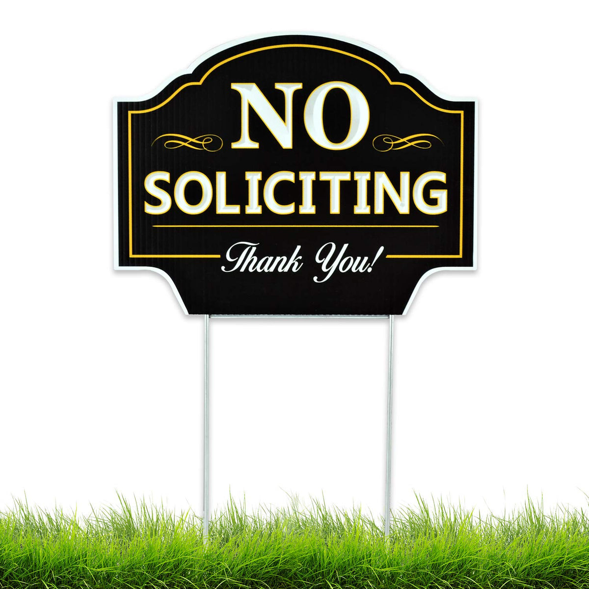 Signs Authority no soliciting sign mounted on metal H-stake for ground display