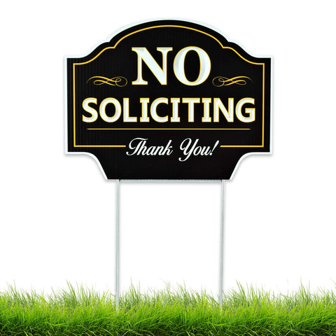 Signs Authority no soliciting sign mounted on metal H-stake for ground display