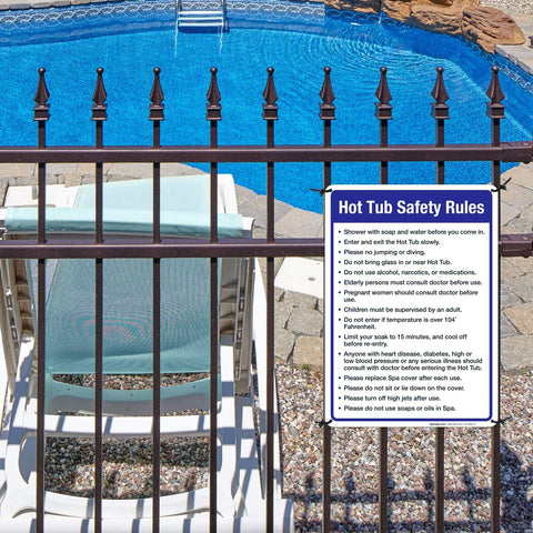 Sigo 10x14 inches hot-tub sign fits standard mounting spaces.