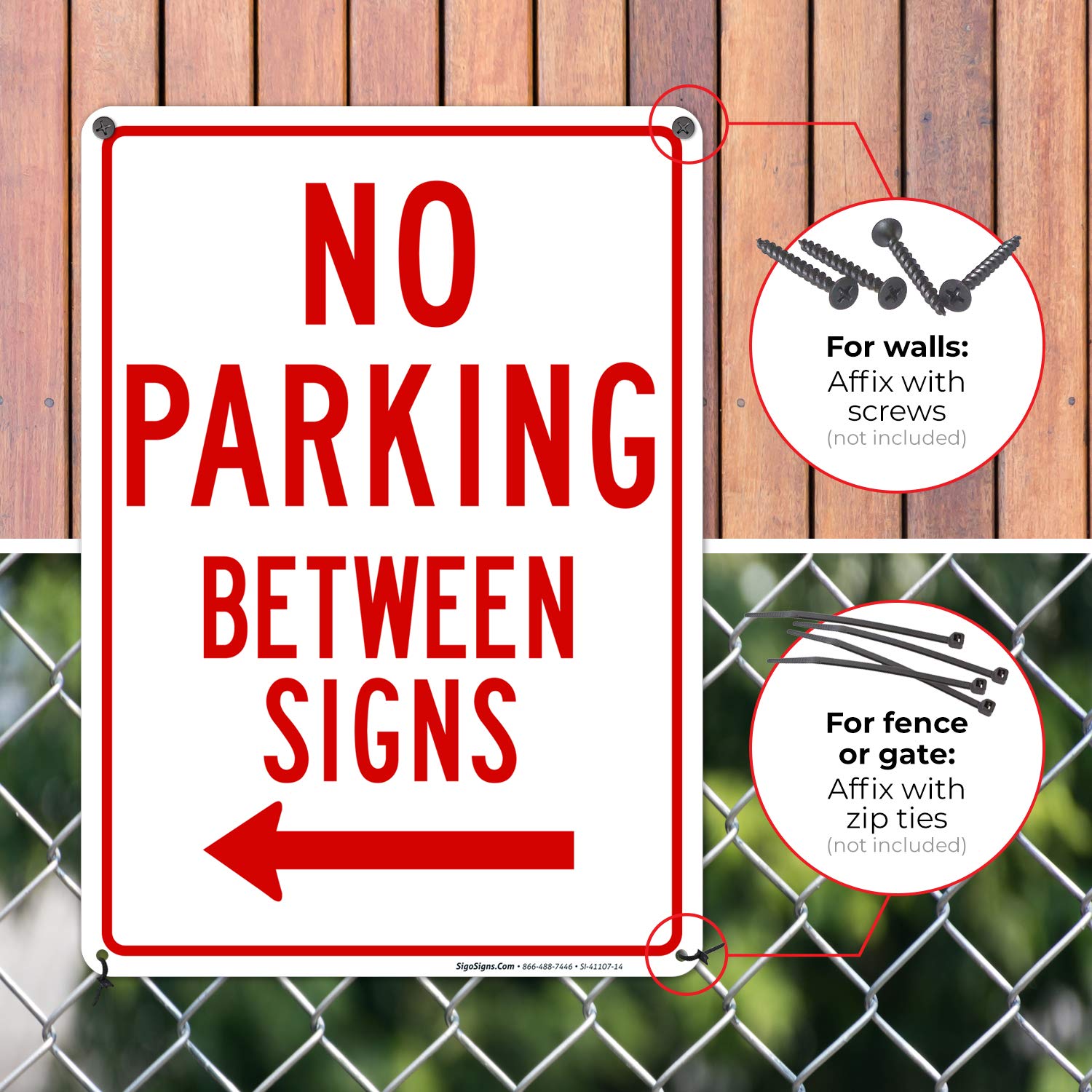 Front view of Sigo Signs No Parking Between Signs showing crisp graphics.
