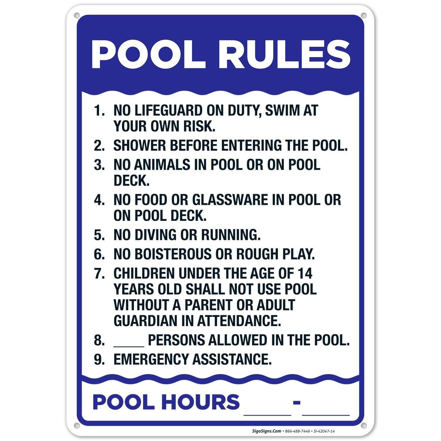 Sigo Signs pool rules sign front view, showing durable aluminum for outdoor use.