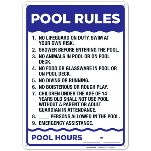 Sigo Signs pool rules sign front view, showing durable aluminum for outdoor use.
