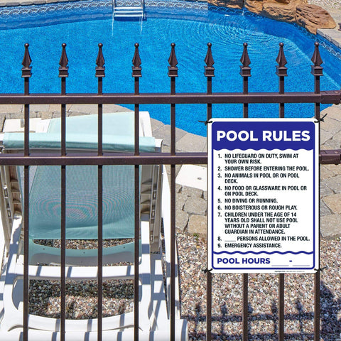Sigo Signs pool rules sign close-up metal edge.