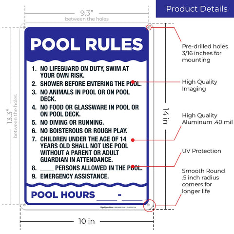 Sigo Signs pool rules sign outdoors, UV fade resistance ensures readability.