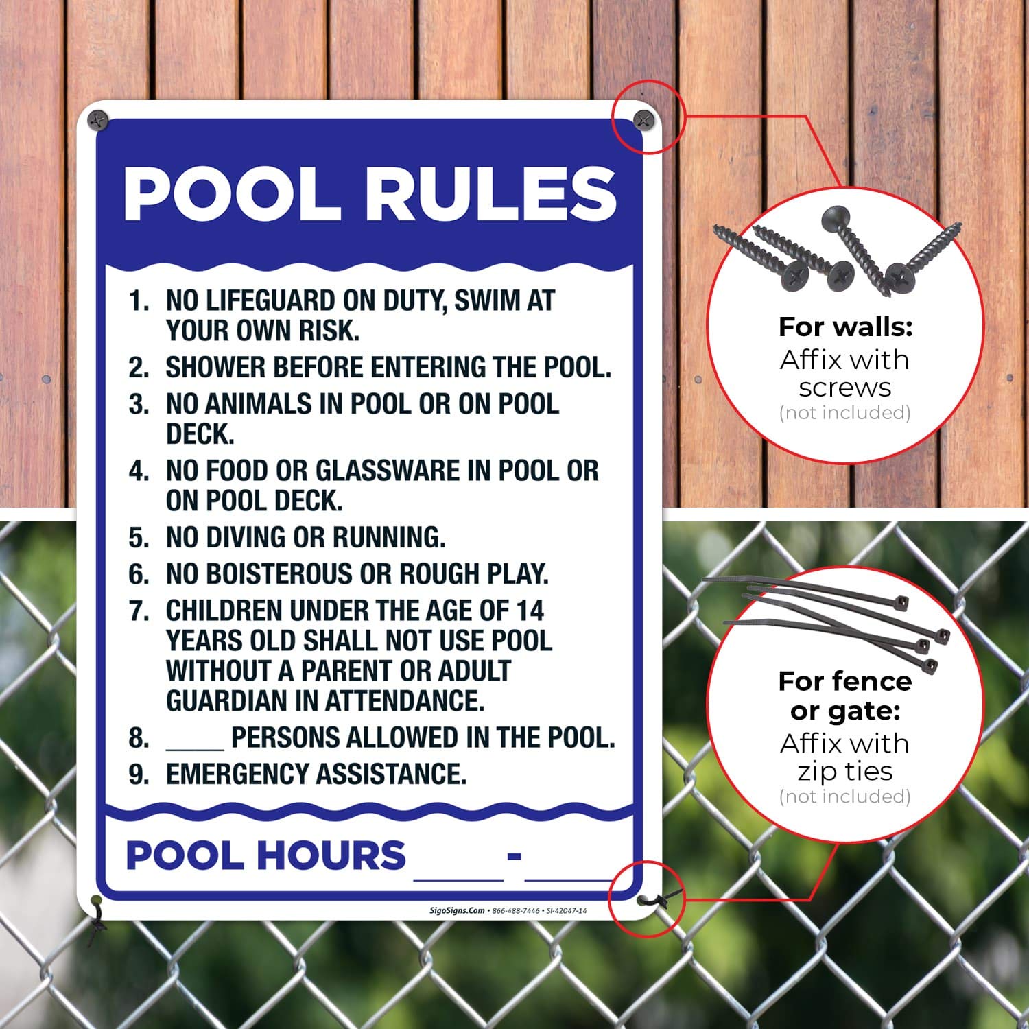 Sigo Signs pool rules sign vivid print with UV-resistant ink.