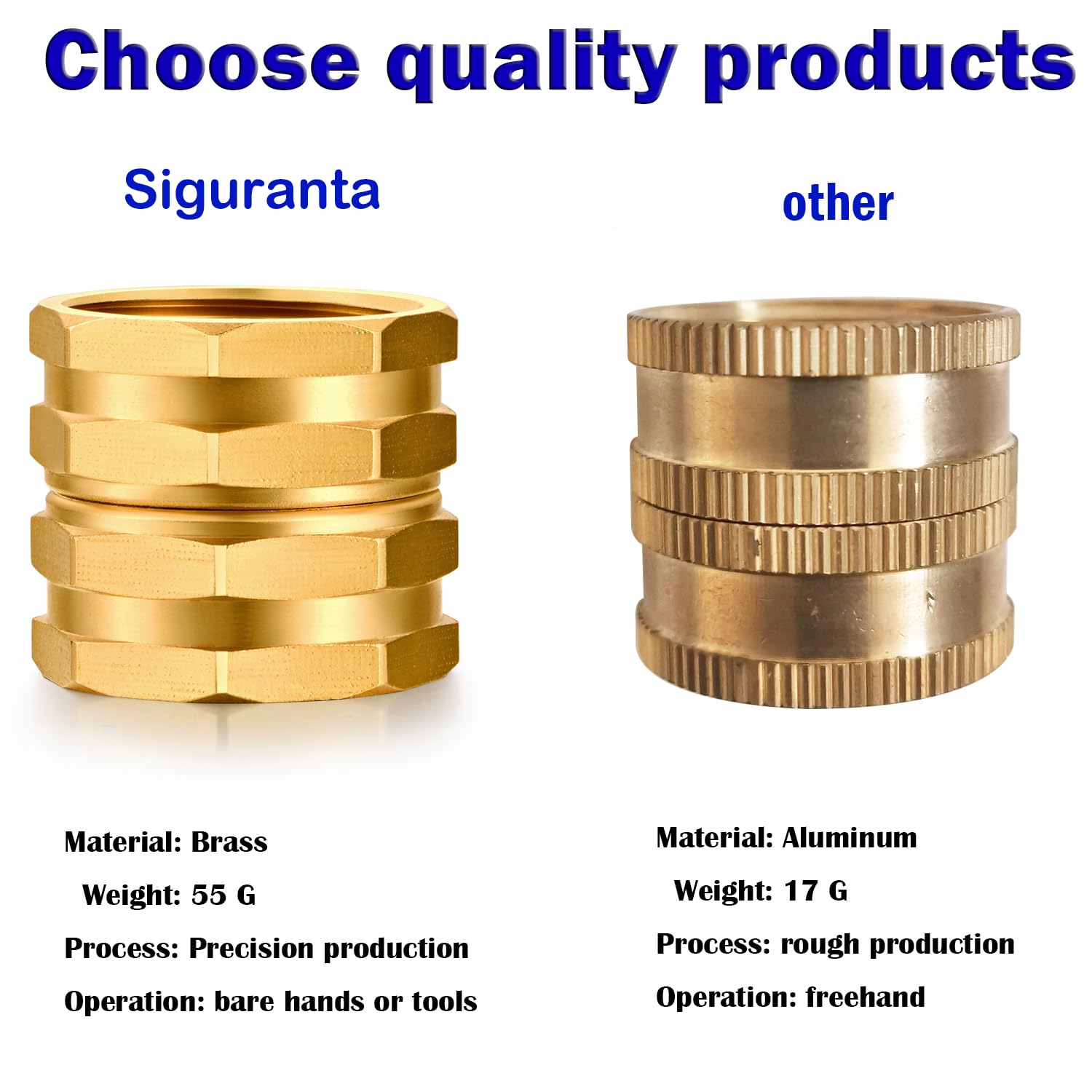 SIGURANTA three-pack brass hose adapters with washers and sealing tape for quick setup.