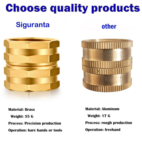 SIGURANTA three-pack brass hose adapters with washers and sealing tape for quick setup.