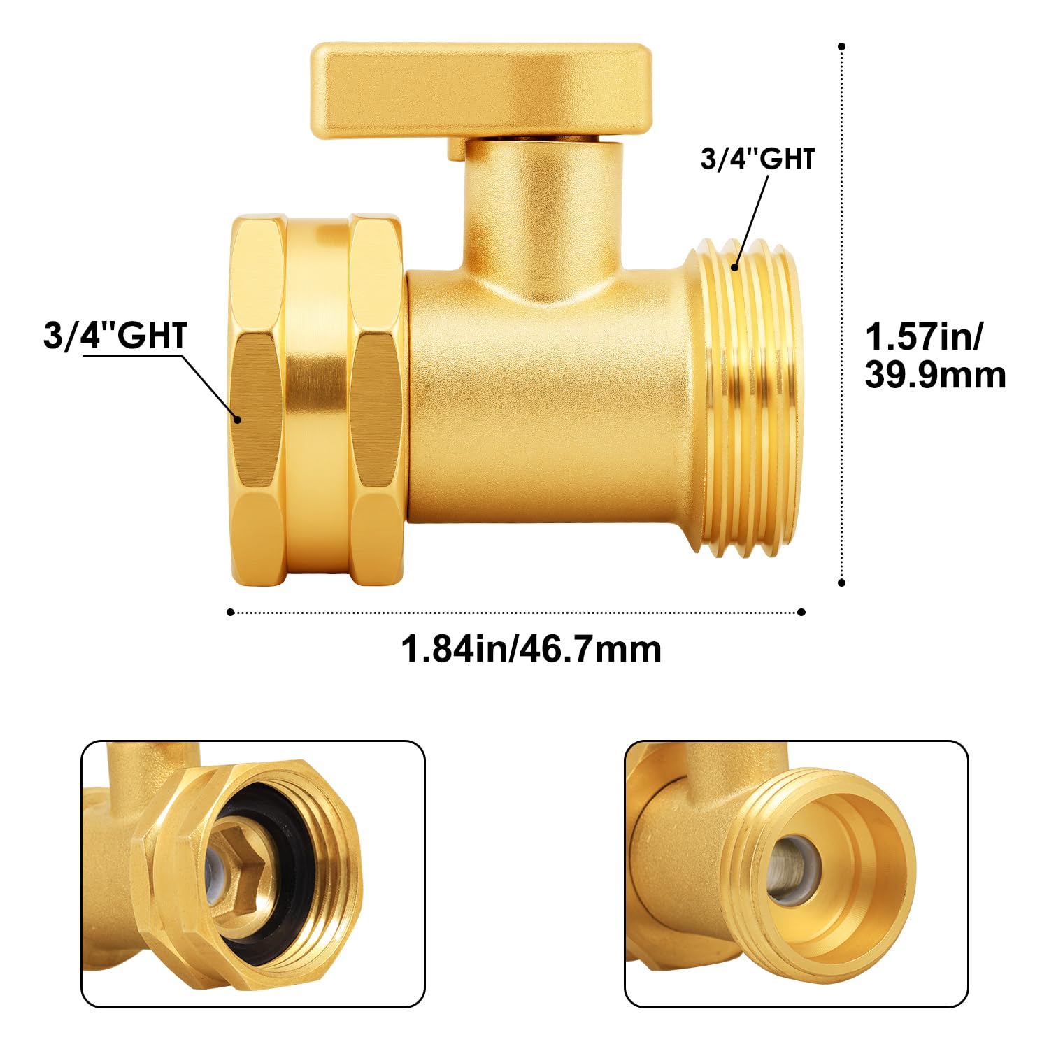 Close-up of SIGURANTA brass shut-off valve highlighting rust-resistant construction.