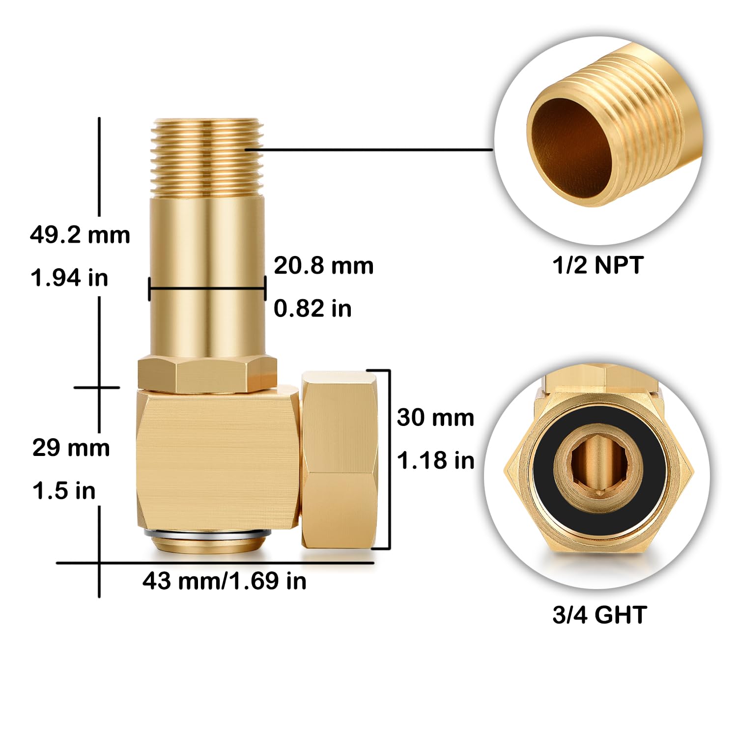 Close-up of the brass swivel elbow enabling smooth connections for hoses.