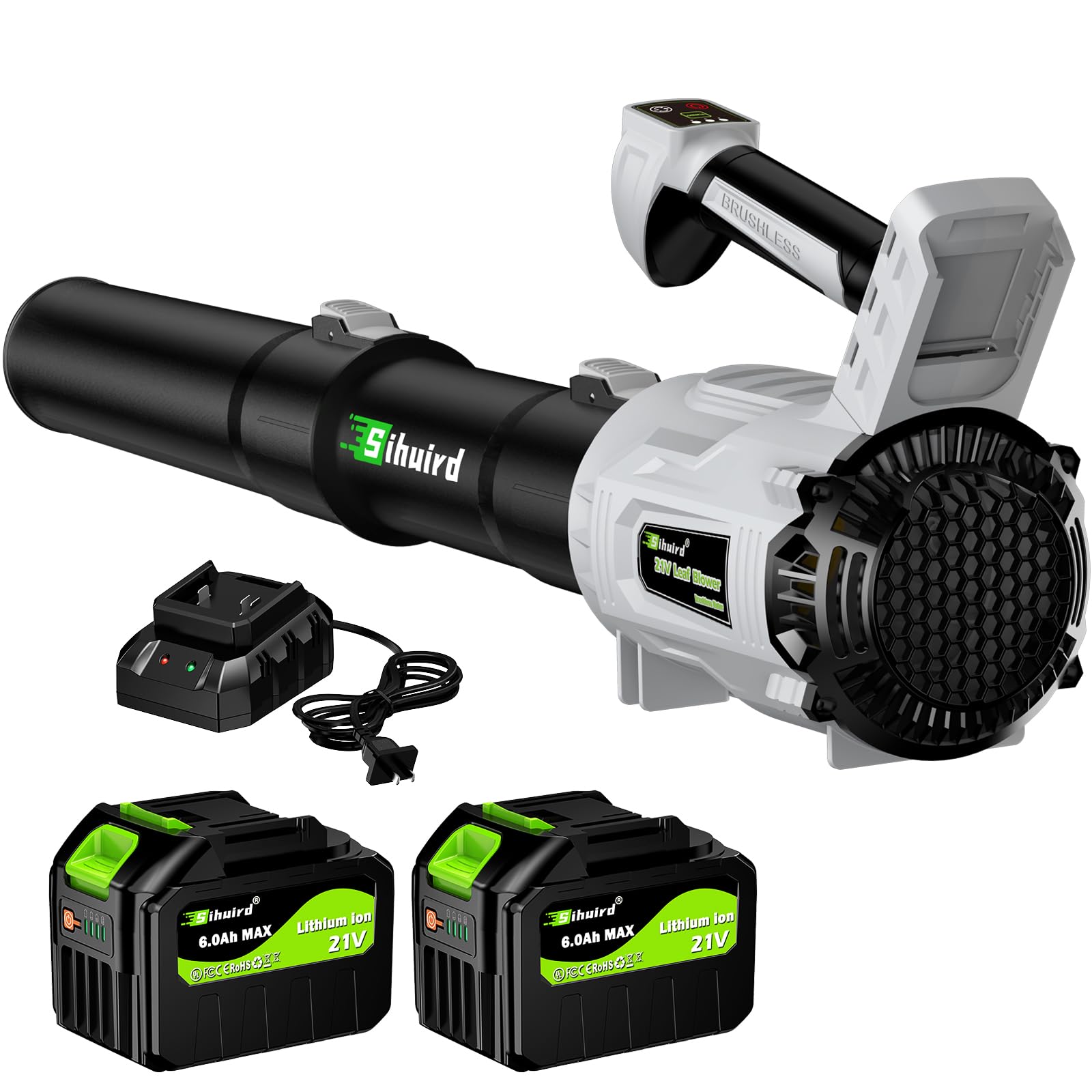 Sihuird leaf blower front view shows compact cordless design for easy handling.