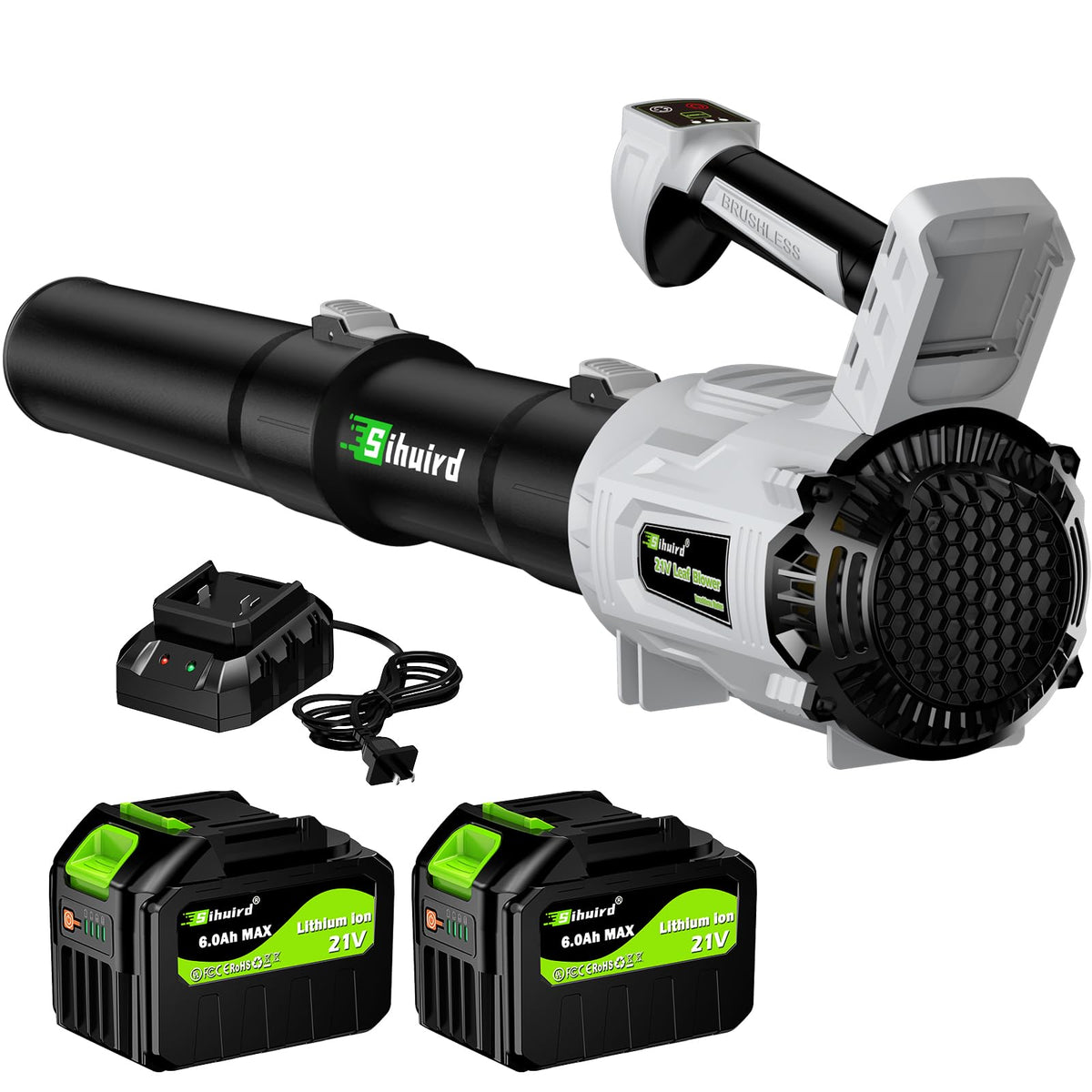 Sihuird leaf blower front view shows compact cordless design for easy handling.