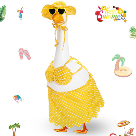 Silicherry bikini porch goose outfit on a 23-inch goose statue adds playful curb appeal.
