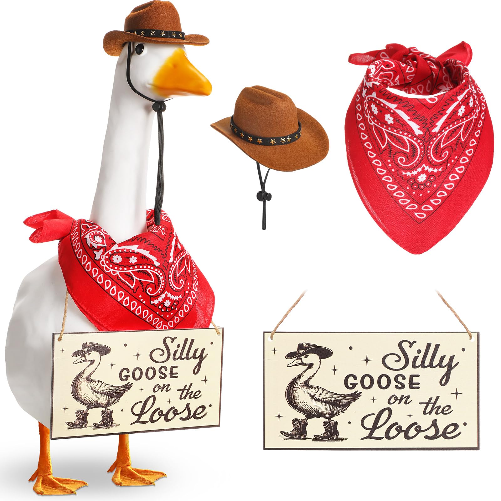 Silicherry cowboy hat on goose for festive porch decor and curb appeal.